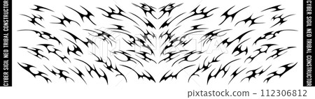 Neo tribal art constructor. Y2k cyber sigil aesthetic tattoo, simmetric ethnic celtic shape. Vector illustration of emo gothic tribal tattoo designs, acid metal music poster. Neo tribal art constructor. Y2k cyber sigil aesthetic tattoo, simmetric ethnic celtic shape. Vector illustration of emo gothic tribal tattoo designs, acid metal music poster. 112306812