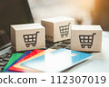 Shopping online. Credit card and cardboard box with a shopping cart logo on laptop keyboard. Shopping service on The online web. offers home delivery 112307019