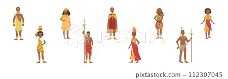 African People Character Standing Aboriginal in Traditional Tribal Clothing Vector Set 112307045