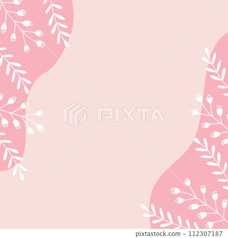 Spring background or greeting card with branches and leaves, pink and white colors, vector, square 112307187