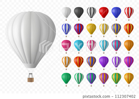 Vector 3d Realistic Hot Air Balloon Icon Set, Isolated. Vector Illustration of an Inflatable Aircraft for Travel, Flight Adventure, Front View. Hot Air Balloons in Different Colors 112307402