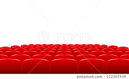 Rows of red cinema or theater seats in front of transparent background. Vector. 112307439
