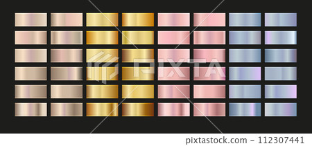 Gold rose, silver, holographic, bronze and golden foil texture gradation set. Vector shiny hologram and metallic gradient collection 112307441