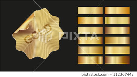 Holographic, silver, bronze and golden foil texture background set. Gold hologram metallic gradient collection. Vector graphic iridescent. 112307442