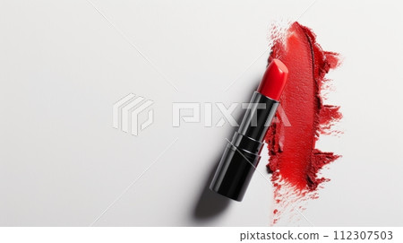 AI-generated content. Vibrant red matte lipstick with glossy finish on white background for bold makeup look. 112307503