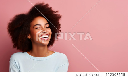 AI-generated content. Laughing african american young woman with closed eyes on pink background 112307556