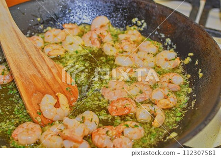 Frying of prawns on pan. Food photography. Close up Frying of prawns on pan. Food photography. Close up 112307581