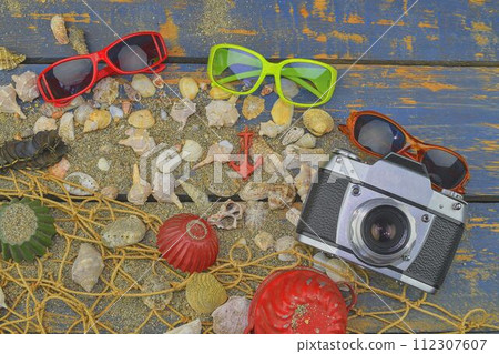 Sea shells on a blue background. Summer traveling time. Sea holiday background with various shells, sunglasses and vintage camera. Place for your text. Lay design. Copy space.Top view. Flat Lay 112307607