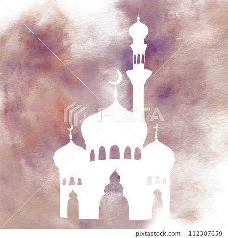 White silhouette of Islamic mosque and minaret with crescent moon illustration isolated on watercolor background. Muslim hand drawn holiday Ramadan Kareem or Eid Al Adha 2024. For designers, prints, 112307659