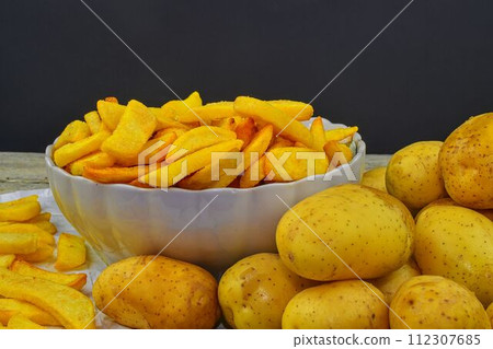 Baked fried potatoes. Potatoes and french fries Baked fried potatoes. Potatoes and french fries 112307685
