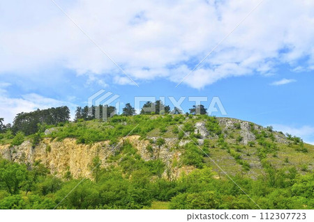 The Pavlov Hills, in Czech also Palava. White limestone rocks, flowers in rock. South Moravia, the Czech Republic, Europe 112307723