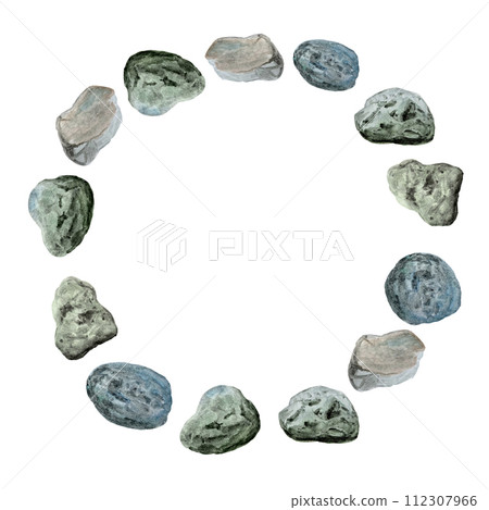 Watercolor wildlife stones round frame isolated on white 112307966