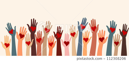 Raised hands of volunteer people holding a heart. People diversity. Charitable and donation. Support and assistance. Multicultural community. NGO. Aid. Help. Volunteerism.Teamwork. Banner 112308206