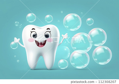 Funny cartoon tooth character with soap bubbles on bright background. Tooth care concept, 3d illustration. Minimalistic design for advertising a dental clinic, orthodontist's business cards. Funny cartoon tooth character with soap bubbles on bright background. Tooth care concept, 3d illustration. Minimalistic design for advertising a dental clinic, orthodontist's business cards. 112308207