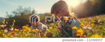 Joyful Easter Activity, Children Searching for Hidden Eggs in a Lush Meadow Brimming with Spring Flowers, Perfect for Family Easter Weekend Memories. 112308357