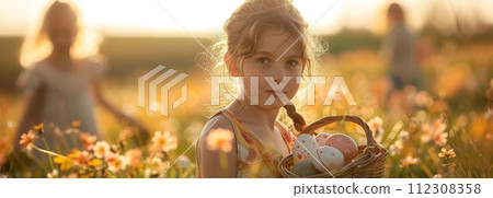 Joyful Easter Activity, Children Searching for Hidden Eggs in a Lush Meadow Brimming with Spring Flowers, Perfect for Family Easter Weekend Memories. 112308358
