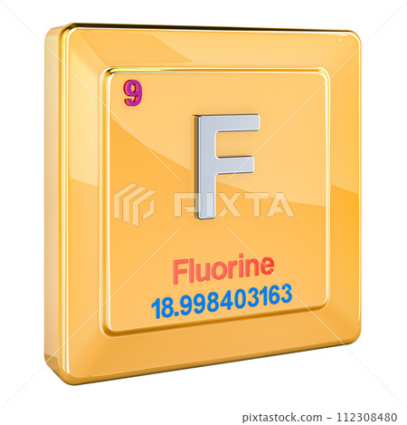 Fluorine F, chemical element sign with number 9 in periodic table. 3D rendering 112308480