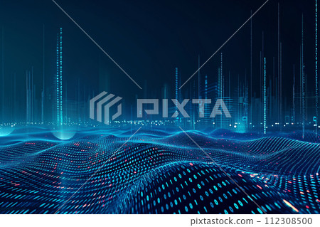 Abstract digital landscape with flowing particles and city skyline Abstract digital landscape with flowing particles and city skyline 112308500