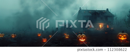 Halloween Mystery Unveiled: A Spooky, Fog-Filled Scene with Eerie Jack-o'-Lanterns and a Haunting Silhouette of a Haunted House, Perfect for a Spine-Chilling Night. 112308622