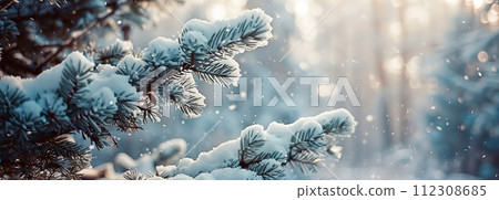 Winter Wonderland Unveiled, Snow-Covered Trees and a Serene Forest Landscape Emerge, Offering a Peaceful Escape into a Frosty, Tranquil World. 112308685