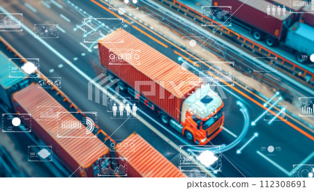 Efficient warehouse logistics processes automated by AI, warehouses and logistics that utilize the latest technology and artificial intelligence. Efficient warehouse logistics processes automated by AI, warehouses and logistics that utilize the latest technology and artificial intelligence. 112308691