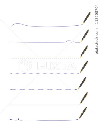 A set of various lines drawn with a fountain pen. Lines drawn with dark blue ink. A set of various lines drawn with a fountain pen. Lines drawn with dark blue ink. 112308704