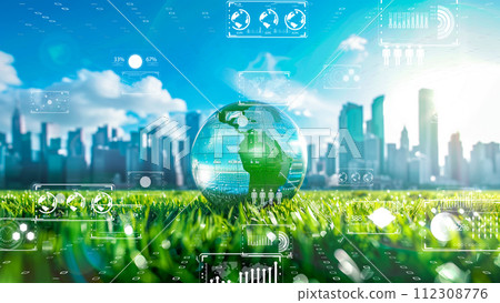 Sustainable technology theme with urban background, eco-friendly innovation. Digital transformation of the environment. Sustainable technology theme with urban background, eco-friendly innovation. Digital transformation of the environment. 112308776