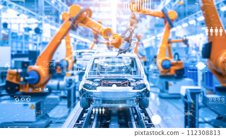 AI controlled robot, futuristic interface elements. Image of IoT and Industry 4.0. AI controlled robot, futuristic interface elements. Image of IoT and Industry 4.0. 112308813