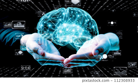 Concept of interactive artificial intelligence in high-tech environment. Innovative technology concept. Concept of interactive artificial intelligence in high-tech environment. Innovative technology concept. 112308933