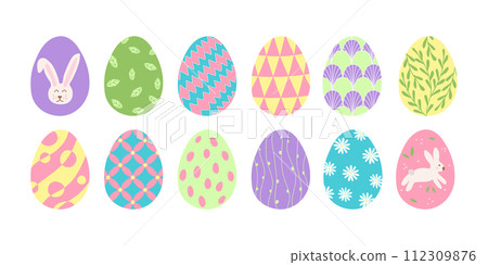 Set of colourful Easter eggs with different patterns, holiday design element, vector 112309876