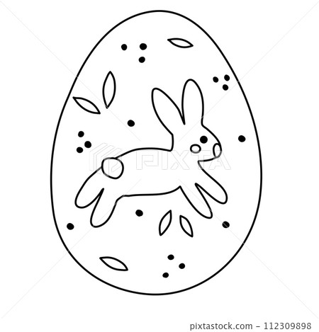 Easter hunt egg with jumping bunny, doodle style flat vector outline for coloring book 112309898