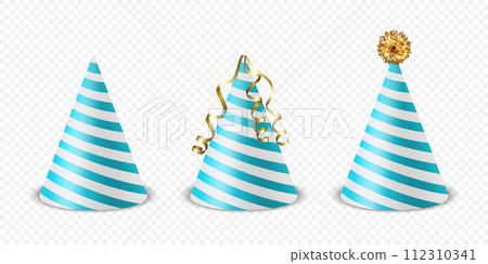 Vector 3d Realistic Blue and White Birthday Party Hat Icon Set Isolated. Party Cap Design Template for Party Banner, Greeting Card. Holiday Hats, Cone Shape, Front View 112310341