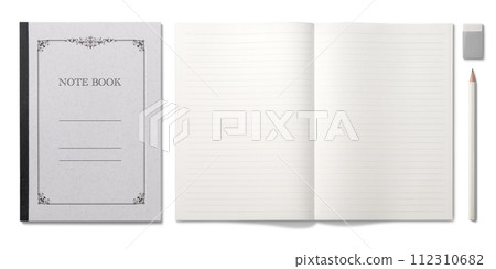 notebook, pencil and eraser 112310682