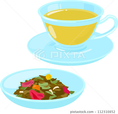Blended herbal tea leaves and tea cup Blended herbal tea leaves and tea cup 112310852