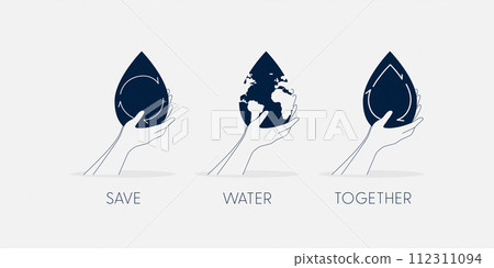 Save Water Concept. Set of Hand holding drop of water. Sustainable ecology and environment conservation concept design. Vector illustration. Save Water Concept. Set of Hand holding drop of water. Sustainable ecology and environment conservation concept design. Vector illustration. 112311094