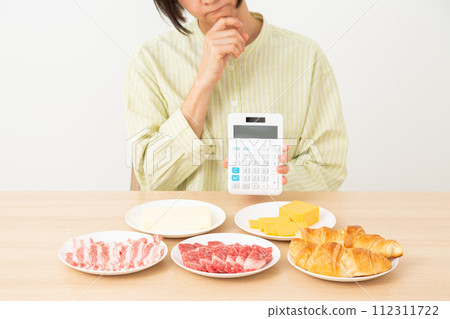 A woman who is worried about food containing a lot of fat and a calculator 112311722