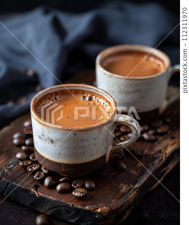 Freshly brewed coffee on an old wooden table Freshly brewed coffee on an old wooden table 112311970