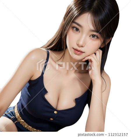 Beautiful woman leaning on her chin and looking at me 112312157