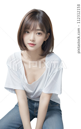 Beautiful woman sitting in light clothes and looking at me in summer Beautiful woman sitting in light clothes and looking at me in summer 112312158