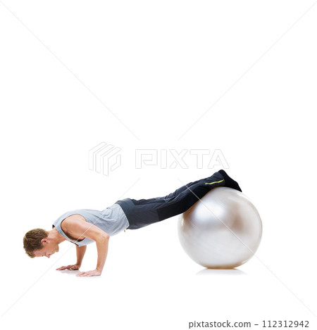 Man, push ups and exercise ball for fitness, workout or health and wellness against a white studio background. Active male person or athlete on round object for training or pilates on mockup space Man, push ups and exercise ball for fitness, workout or health and wellness against a white studio background. Active male person or athlete on round object for training or pilates on mockup space 112312942