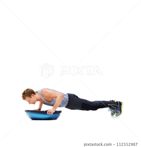 Man, exercise and push ups with bosu ball for fitness, workout or training on a white studio background. Active male person lifting body weight for strength, muscle or strong arms on mockup space Man, exercise and push ups with bosu ball for fitness, workout or training on a white studio background. Active male person lifting body weight for strength, muscle or strong arms on mockup space 112312987