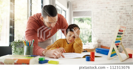 Home learning, father or kid in kindergarten studying for knowledge, education or growth development. Abacus, dad teaching or child writing, working or counting on numbers for math test in notebook Home learning, father or kid in kindergarten studying for knowledge, education or growth development. Abacus, dad teaching or child writing, working or counting on numbers for math test in notebook 112313076