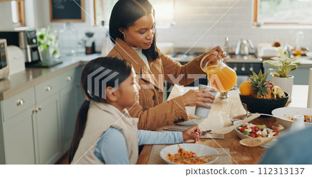 Woman, girl and juice with family and eating together in kitchen, nutrition and bonding with food. People at home, hungry and female child excited with drink and wellness happy with dinner meal Woman, girl and juice with family and eating together in kitchen, nutrition and bonding with food. People at home, hungry and female child excited with drink and wellness happy with dinner meal 112313137