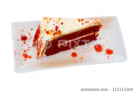 On plate is beautifully decorated sponge red velvet cake On plate is beautifully decorated sponge red velvet cake 112313169