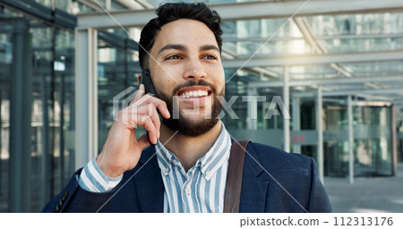 Happy businessman, phone call and communication in city for proposal or outdoor conversation. Face of man or employee smile and talking on mobile smartphone for business discussion outside building Happy businessman, phone call and communication in city for proposal or outdoor conversation. Face of man or employee smile and talking on mobile smartphone for business discussion outside building 112313176