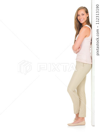 Fashion, portrait or woman on studio mockup for style, confidence or positive attitude on white background. Smile, clothes or profile of female model pose on empty, banner or space for discount news Fashion, portrait or woman on studio mockup for style, confidence or positive attitude on white background. Smile, clothes or profile of female model pose on empty, banner or space for discount news 112313190