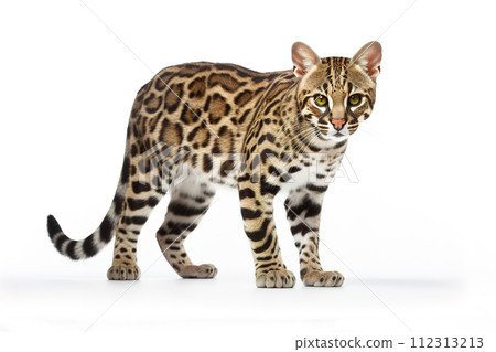 Ocelot Leopardus pardalis on white background. Wild Animals, Illustration, Generative AI. Ocelot Leopardus pardalis on white background. Wild Animals, Illustration, Generative AI. 112313213