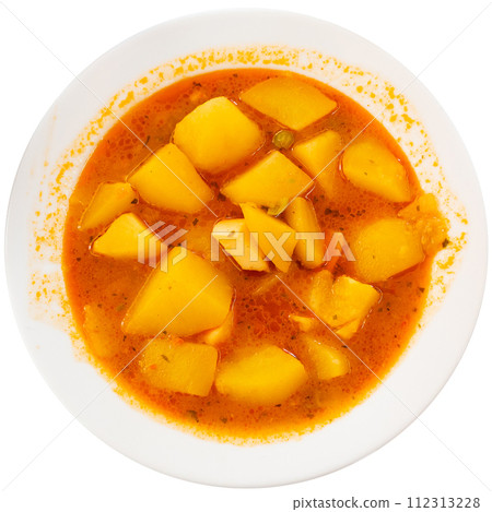 Potatoes with cuttlefish in broth served on platter Potatoes with cuttlefish in broth served on platter 112313228