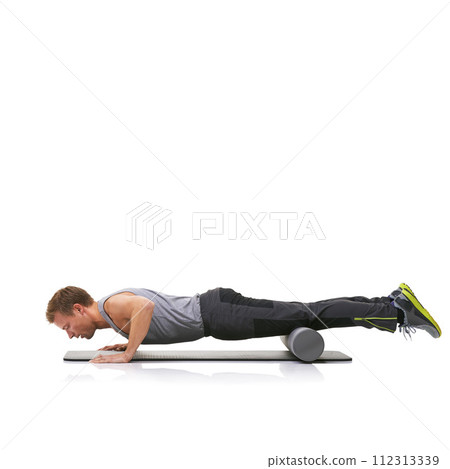 Fitness, foam roller and man in floor push up for strength building, muscle growth or bodybuilding exercise. Plank balance workout, mockup studio space or training person isolated on white background Fitness, foam roller and man in floor push up for strength building, muscle growth or bodybuilding exercise. Plank balance workout, mockup studio space or training person isolated on white background 112313339