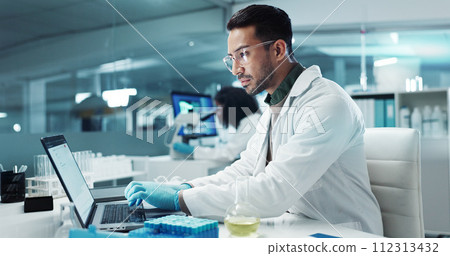 Laptop, typing or scientist with research in laboratory for a chemistry report or medical test feedback. Internet, person reading or science update for online medicine development news on website 112313432